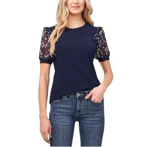 CECE Scattered Daisy Short Puff Sleeve Knit Top Black Blouse Size XS